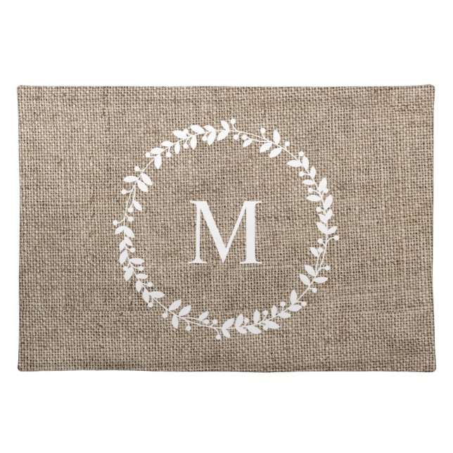 Rustic Laurel Wreath Farmhouse Style Monogrammed  Cloth Placemat (Front)