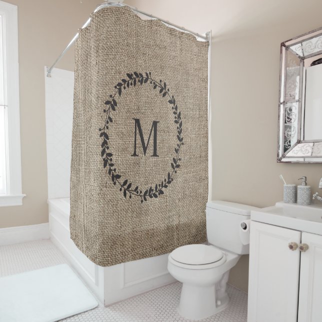 Rustic Laurel Wreath Farmhouse Style Monogrammed  Shower Curtain (In Situ)