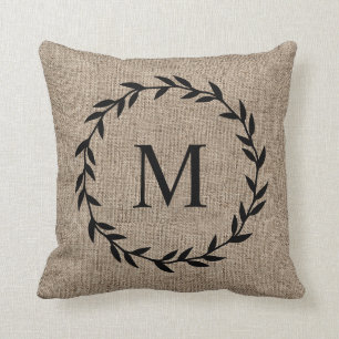 Rustic Laurel Wreath Farmhouse Style Monogrammed T Throw Pillow