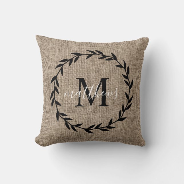 Rustic Laurel Wreath Farmhouse Style Monogrammed  Throw Pillow (Front)
