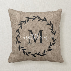 Rustic Laurel Wreath Farmhouse Style Monogrammed Throw Pillow