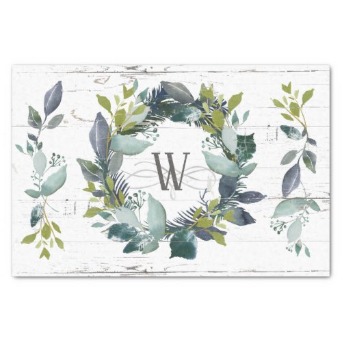 Rustic Laurel Wreath Faux Wood Monogram Initial Tissue Paper