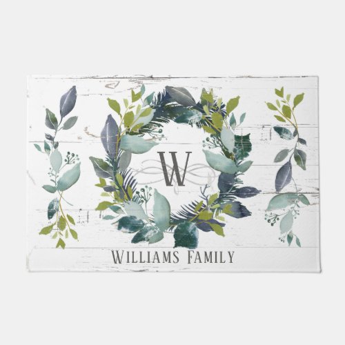 Rustic Laurel Wreath Greenery Watercolor Initial Doormat