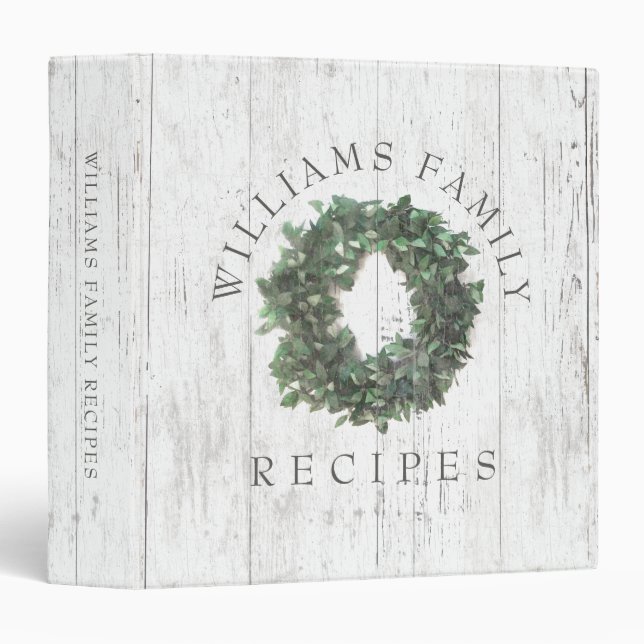 Rustic Laurel Wreath Holiday Family Recipe Book 3 Ring Binder (Front/Spine)