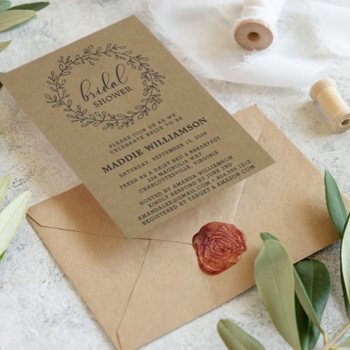 Rustic Laurel Wreath Kraft Bridal Shower Invite