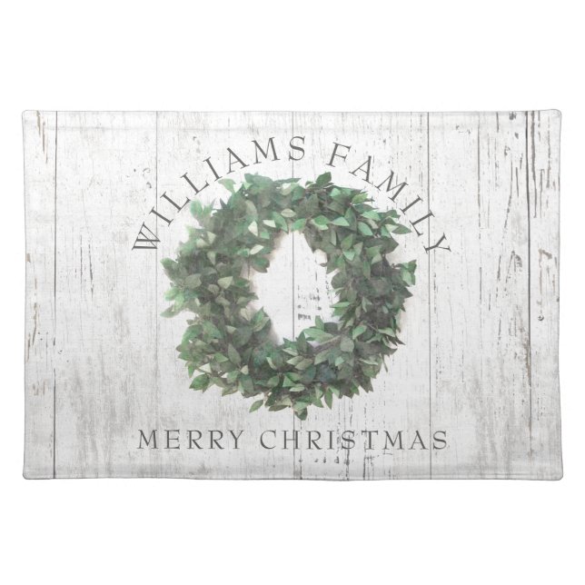 Rustic Laurel Wreath Merry Christmas Monogram Name Cloth Placemat (Front)