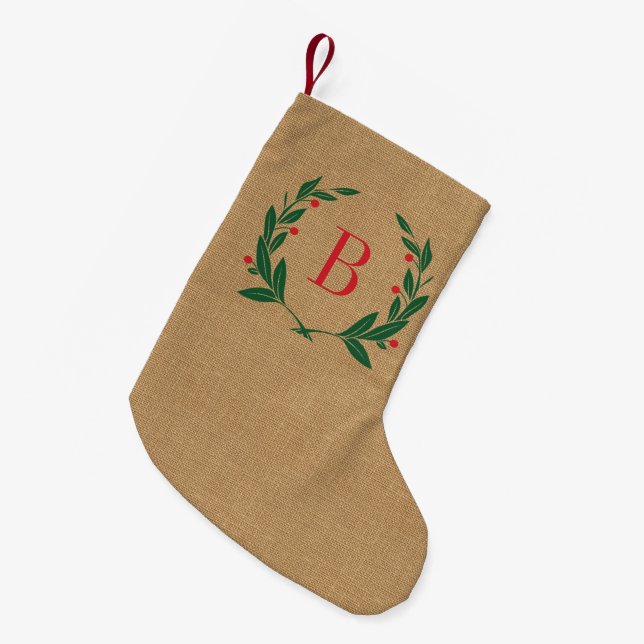 Rustic Laurel Wreath Monogram Small Christmas Stocking (Front (Hanging))