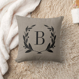 Rustic Laurel Wreath Monogram Throw Pillow