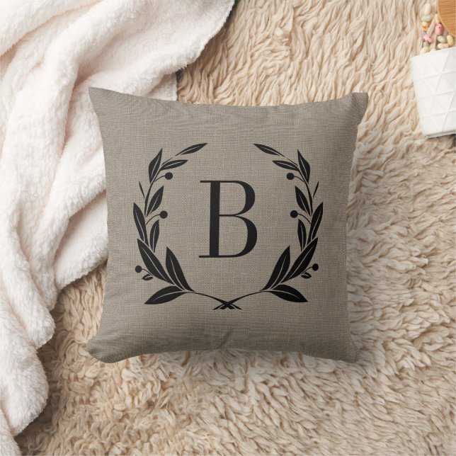 Rustic Laurel Wreath Monogram Throw Pillow (Blanket)