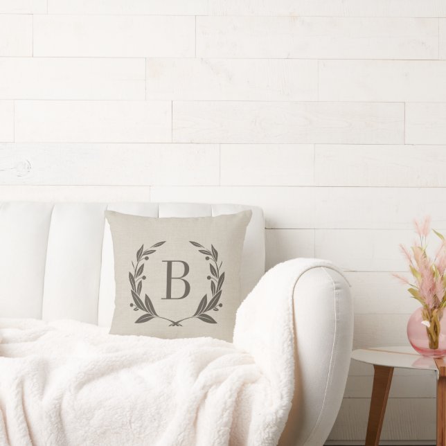Rustic Laurel Wreath Monogram Throw Pillow (Couch)