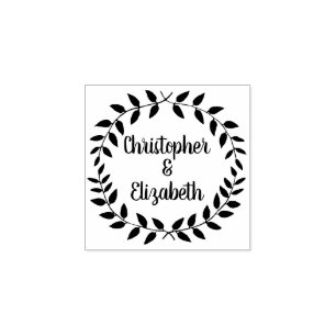 Rustic Laurel Wreath   Simple Wedding Script Name Rubber Stamp