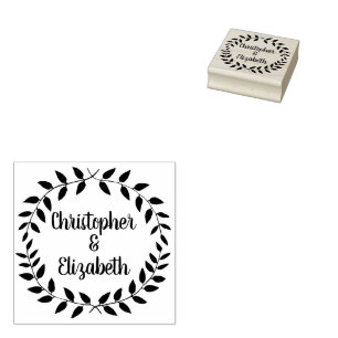 Rustic Laurel Wreath   Simple Wedding Script Name Rubber Stamp