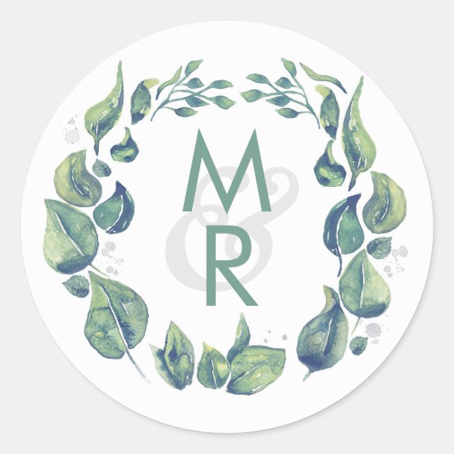 Rustic Laurel Wreath Watercolor Wedding Classic Round Sticker (Front)