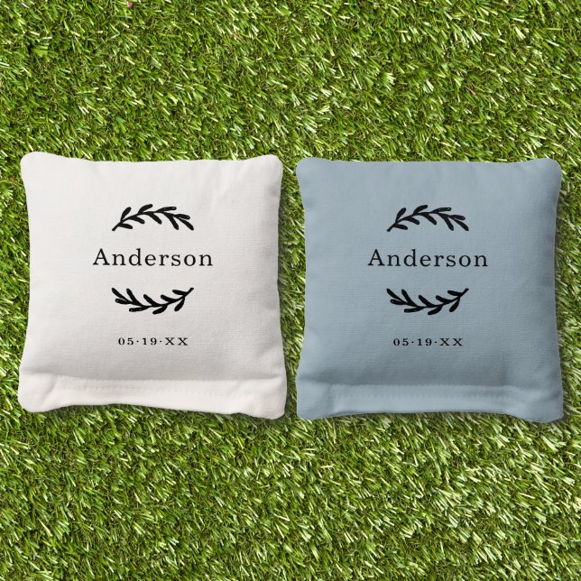 Rustic Laurel Wreath Wedding Monogram Cornhole Bags (Grass)