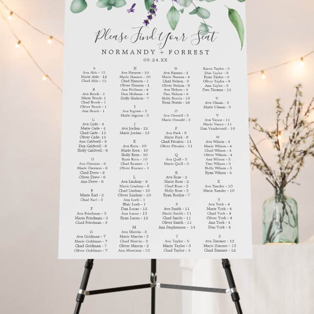 Rustic Lavender Alphabetical Seating Chart Foam Board (In Situ (Stand))