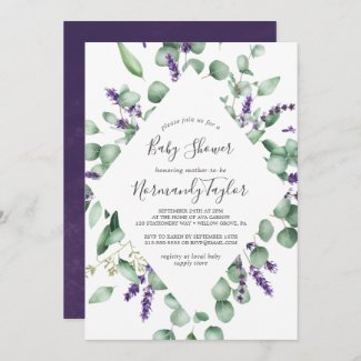 cute purple and green baby shower invites adorned with eucalyptus greenery and lavender flowers
