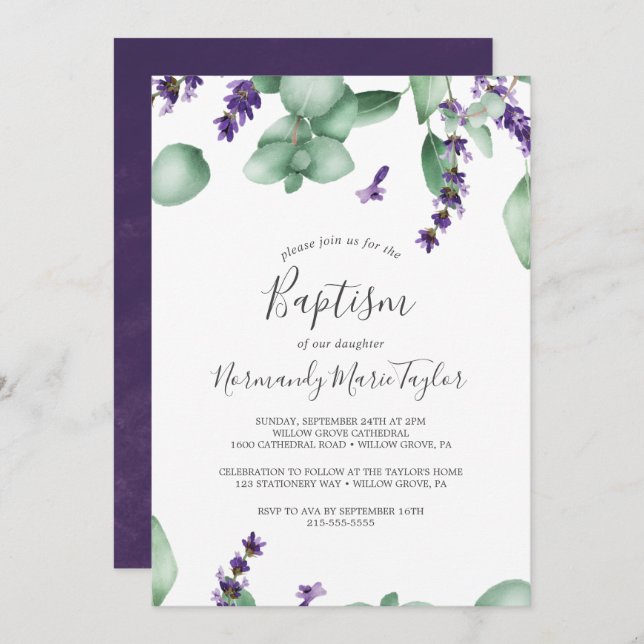 Rustic Lavender and Eucalyptus Baptism Invitation (Front/Back)