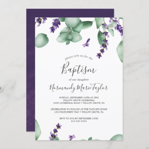 Rustic Lavender and Eucalyptus Baptism Invitation