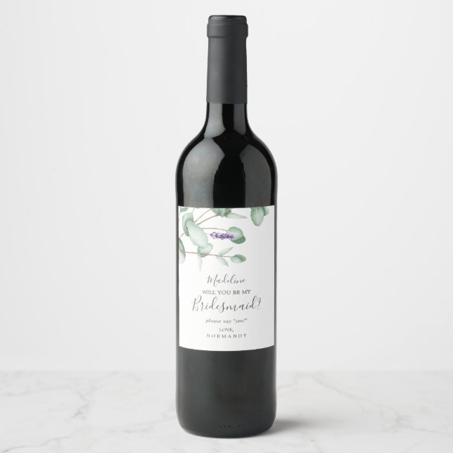 Rustic Lavender and Eucalyptus Bridesmaid Proposal Wine Label (Front)