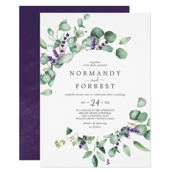 256415058087705762 Rustic Lavender and Eucalyptus Casual Wedding Invitation