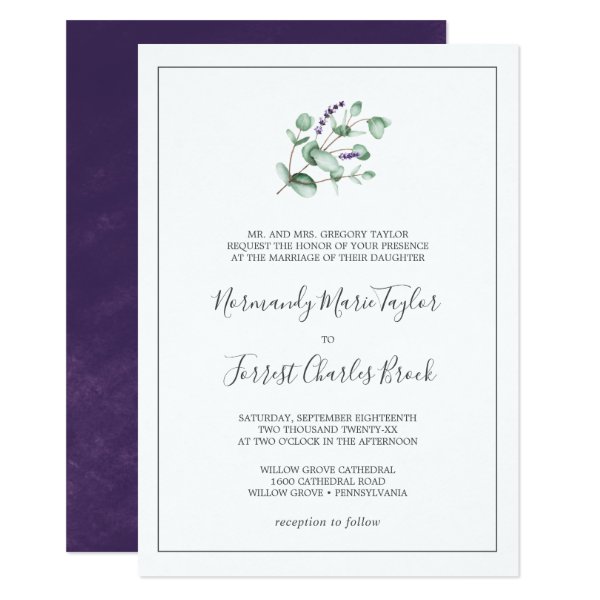 256930794829291547 Rustic Lavender and Eucalyptus Formal Wedding Invitation