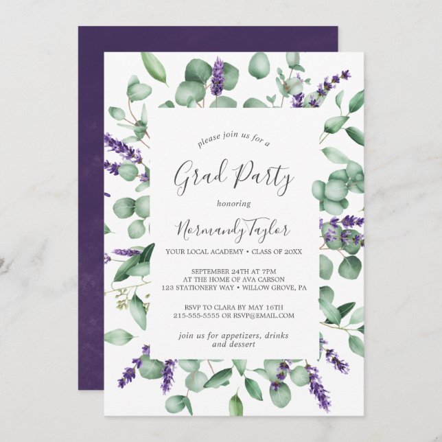 Rustic Lavender and Eucalyptus Graduation Party Invitation (Front/Back)