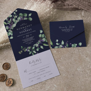 Rustic Lavender and Eucalyptus | Navy Blue Wedding All In One Invitation
