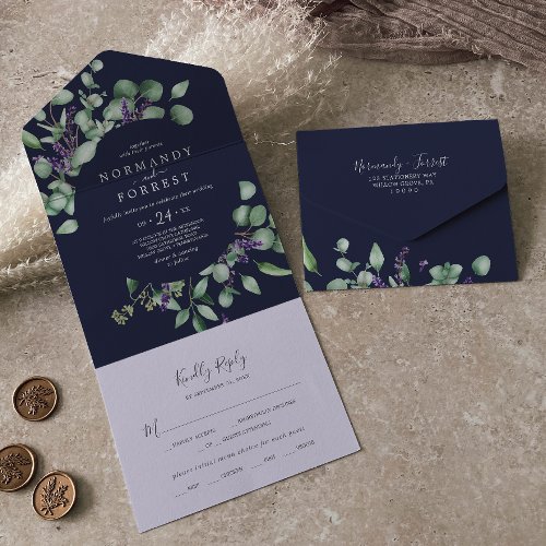 Rustic Lavender and Eucalyptus  Navy Blue Wedding All In One Invitation