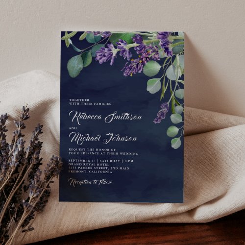 Rustic Lavender and Eucalyptus Navy Blue Wedding Invitation