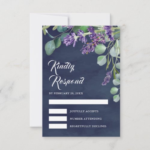 Rustic Lavender and Eucalyptus Navy Blue Wedding RSVP Card