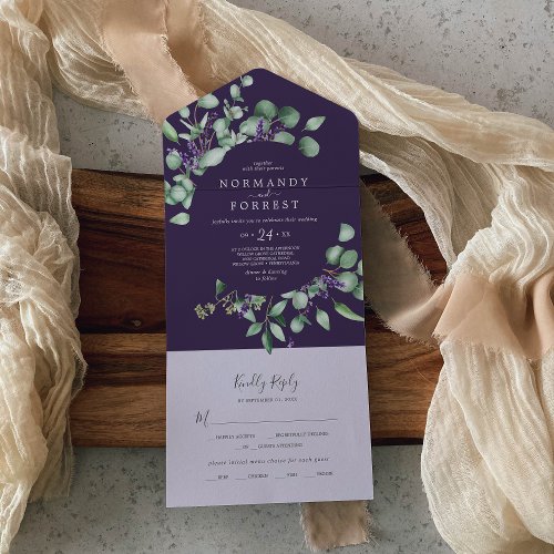 Rustic Lavender and Eucalyptus  Purple Wedding All In One Invitation