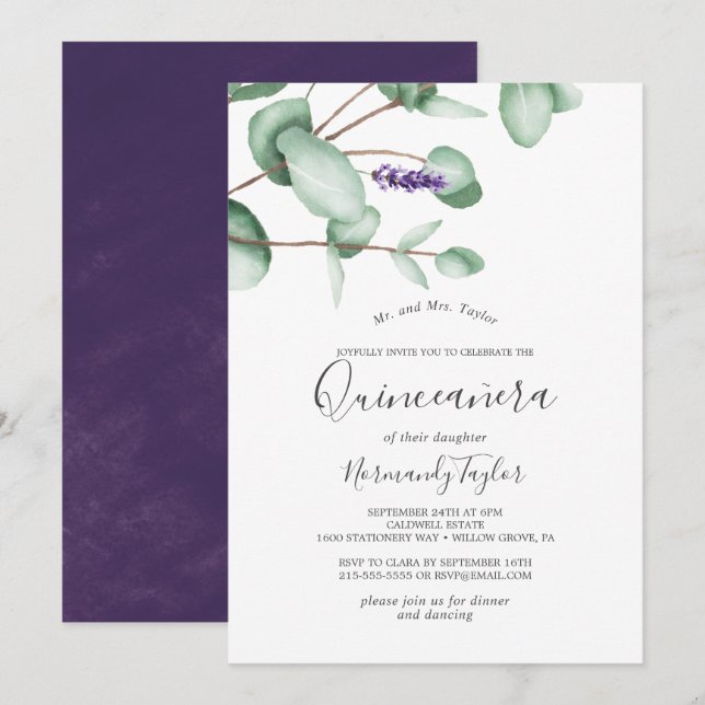 Rustic Lavender and Eucalyptus Quinceañera Invitation (Front/Back)