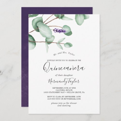 Rustic Lavender and Eucalyptus Quinceaera Invitation