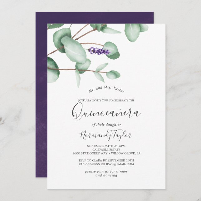Rustic Lavender and Eucalyptus Quinceañera Invitation (Front/Back)
