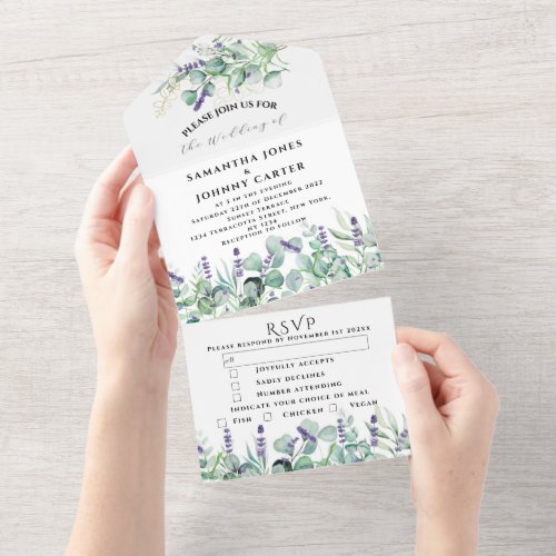 Rustic Lavender and Eucalyptus RSVP Wedding All In One Invitation