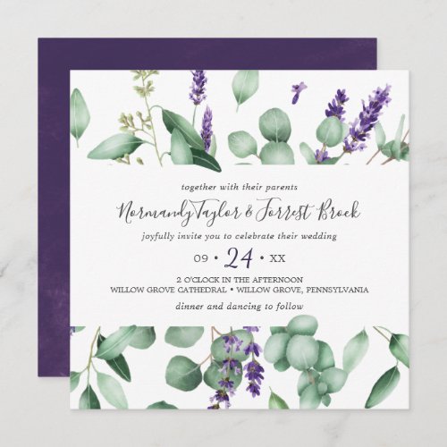 Rustic Lavender and Eucalyptus Square Wedding Invitation