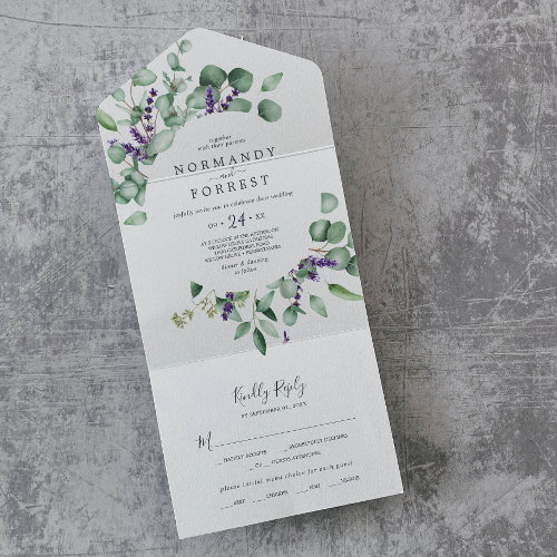 Rustic Lavender and Eucalyptus Wedding All In One Invitation