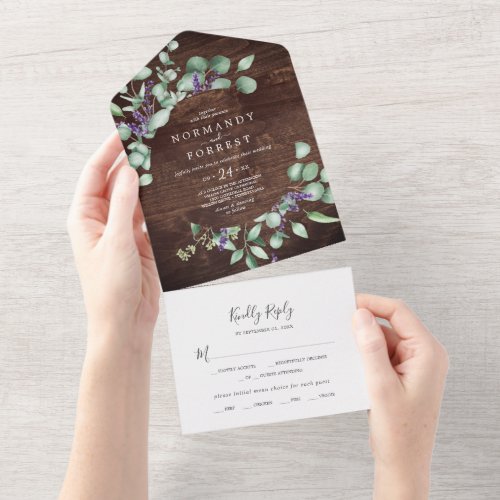 Rustic Lavender and Eucalyptus  Wood Wedding All In One Invitation