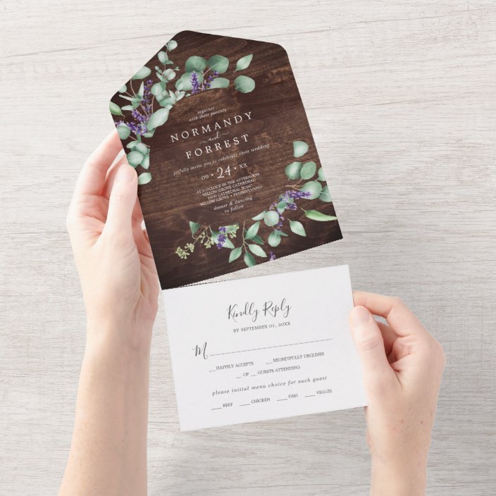 Rustic Lavender and Eucalyptus Wood Wedding All In One Invitation