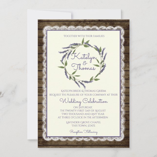 Rustic Lavender and Lace Wedding Invitation (Front)