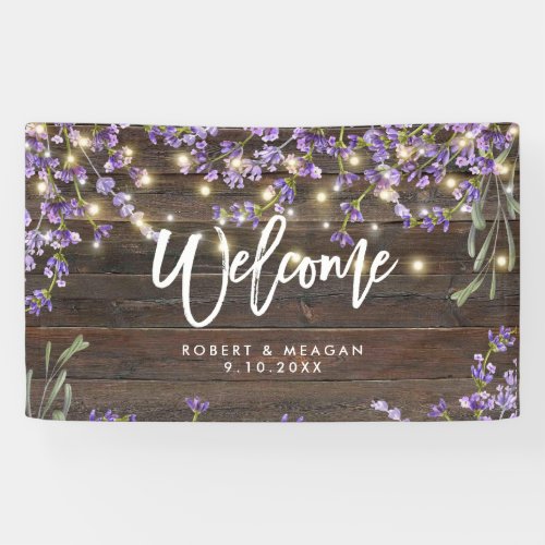 rustic lavender and wood wedding welcome banner