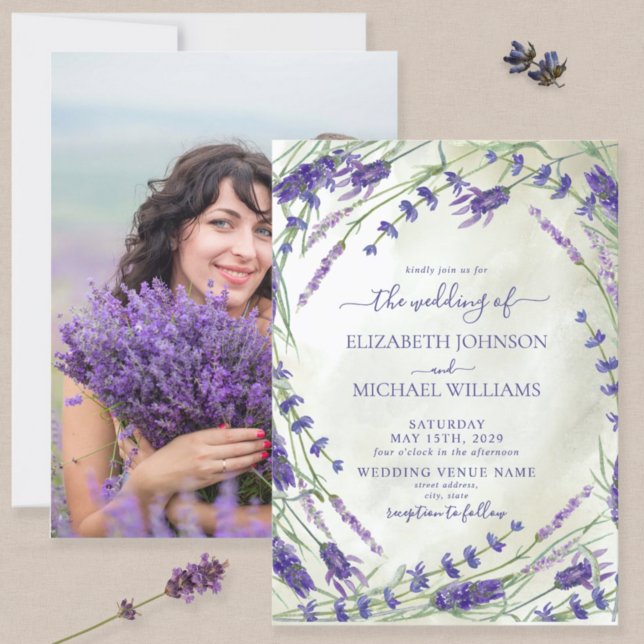 Rustic Lavender Botanical Watercolor Photo Wedding Invitation (Creator Uploaded)