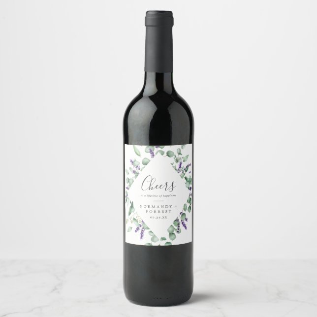 Rustic Lavender Cheers Wedding Wine Labels (Front)