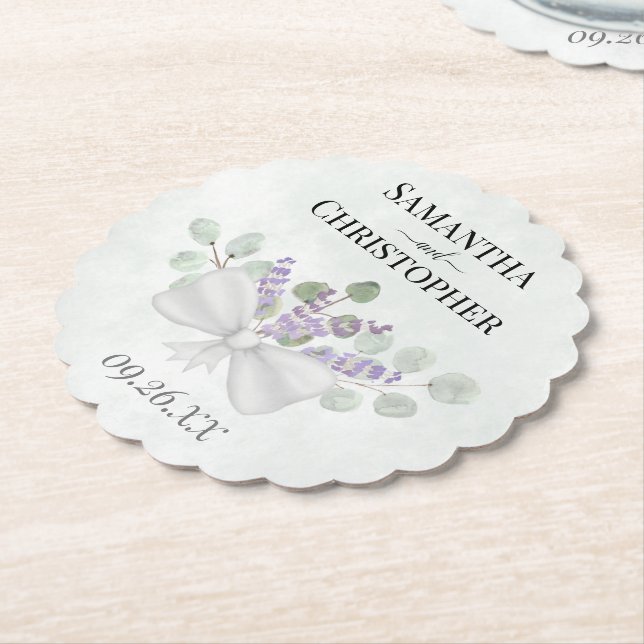 Rustic Lavender & Eucalyptus Bouquet Wedding Paper Coaster (Angled)
