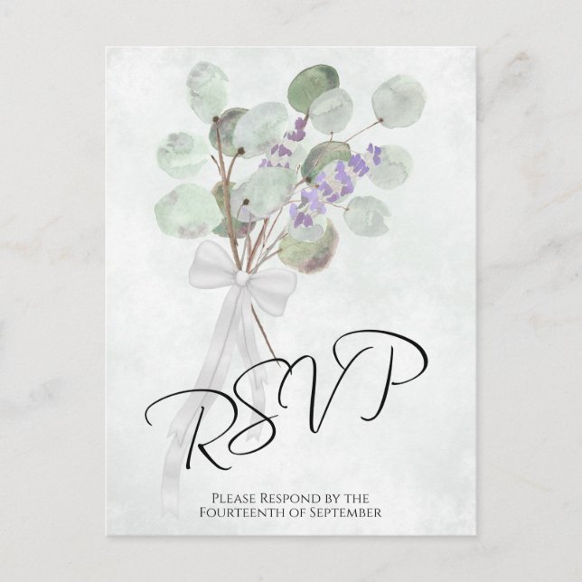 Rustic Lavender Eucalyptus Bouquet Wedding RSVP Postcard (Front)