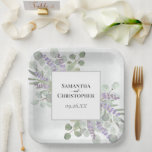 Rustic Lavender & Eucalyptus Elegant Boho Wedding Paper Plates<br><div class="desc">These elegant boho chic paper plates will add a special touch to your reception, rehearsal dinner, or other wedding celebrations. They feature a hand painted watercolor design with your names and the wedding date inside a white frame on a marbled dusty blue background surrounded by a bounty of lavender flowers,...</div>