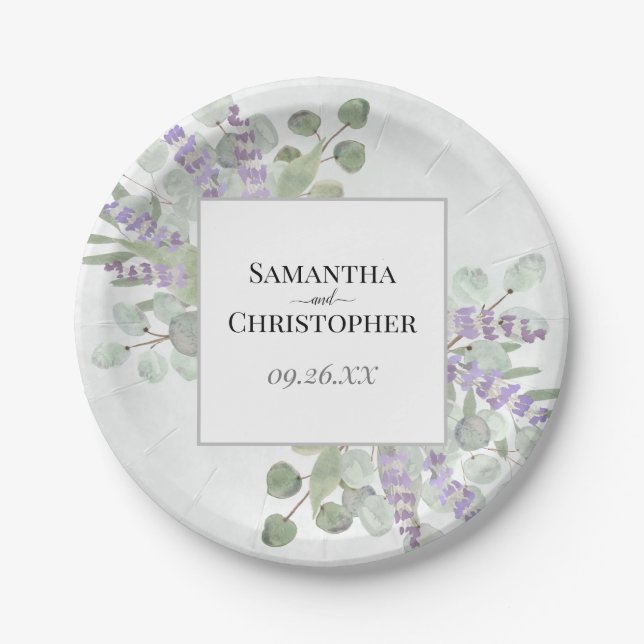 Rustic Lavender & Eucalyptus Elegant Boho Wedding Paper Plates (Front)