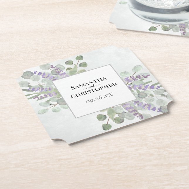 Rustic Lavender & Eucalyptus Elegant Wedding Paper Coaster (Angled)