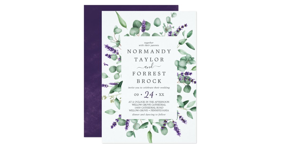 Rustic Lavender & Eucalyptus Floral Frame Wedding Invitation