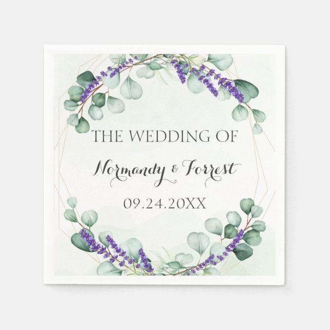Rustic Lavender Eucalyptus Gold Frame Wedding Napkins (Front)